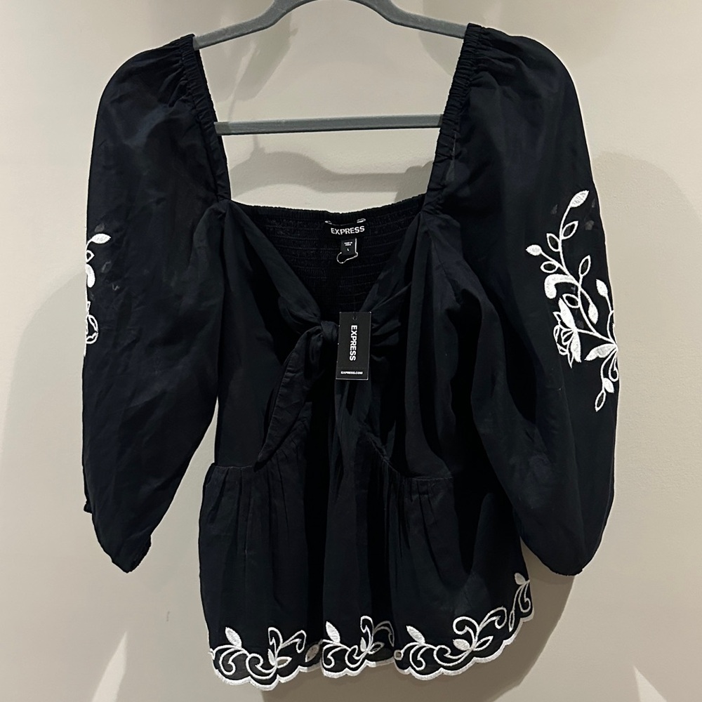 Express Black Blouse with White Embroidery
